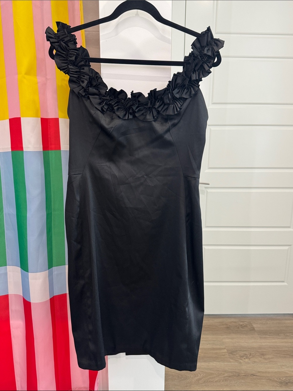 London Times Black Ruffle-Trim Evening Dress